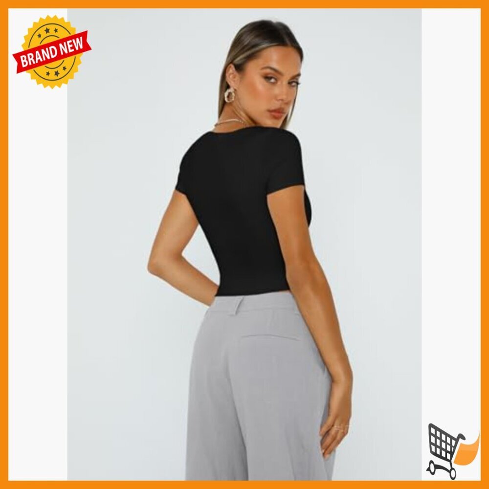 Double Lined Crop Top Square Neck Slim Fit Tee Workout Casual - Picture 5 of 7